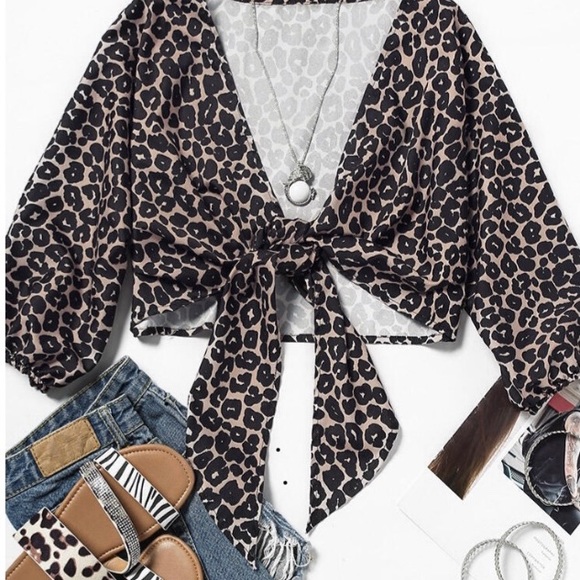 Leopard tie front elastic sleeve cardigan - Picture 4 of 8